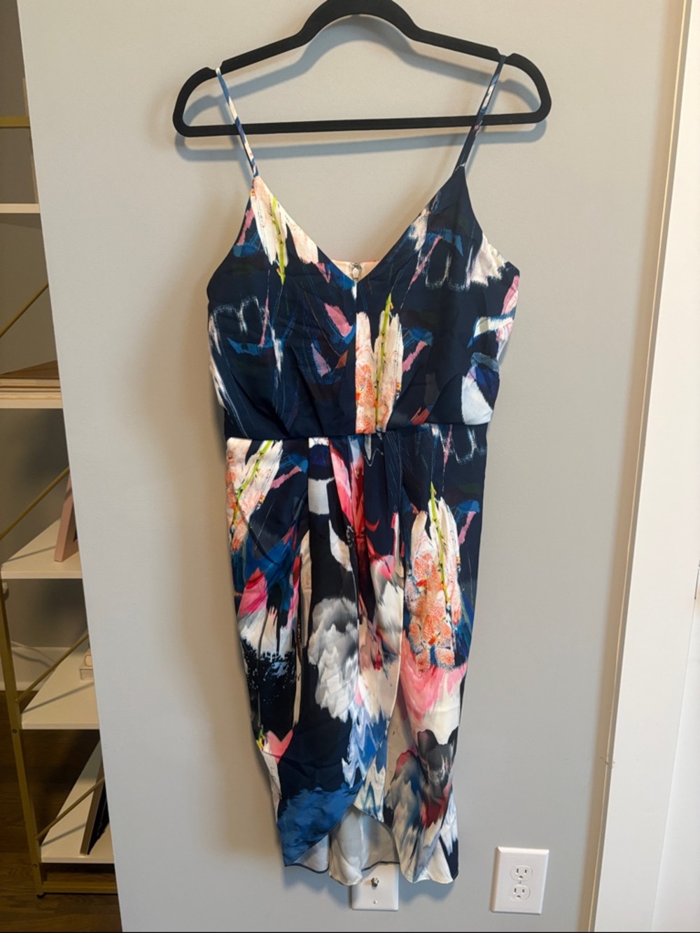 Chelsea28 Navy Abstract Print Midi Slip Dress with Pink and Yellow Accents